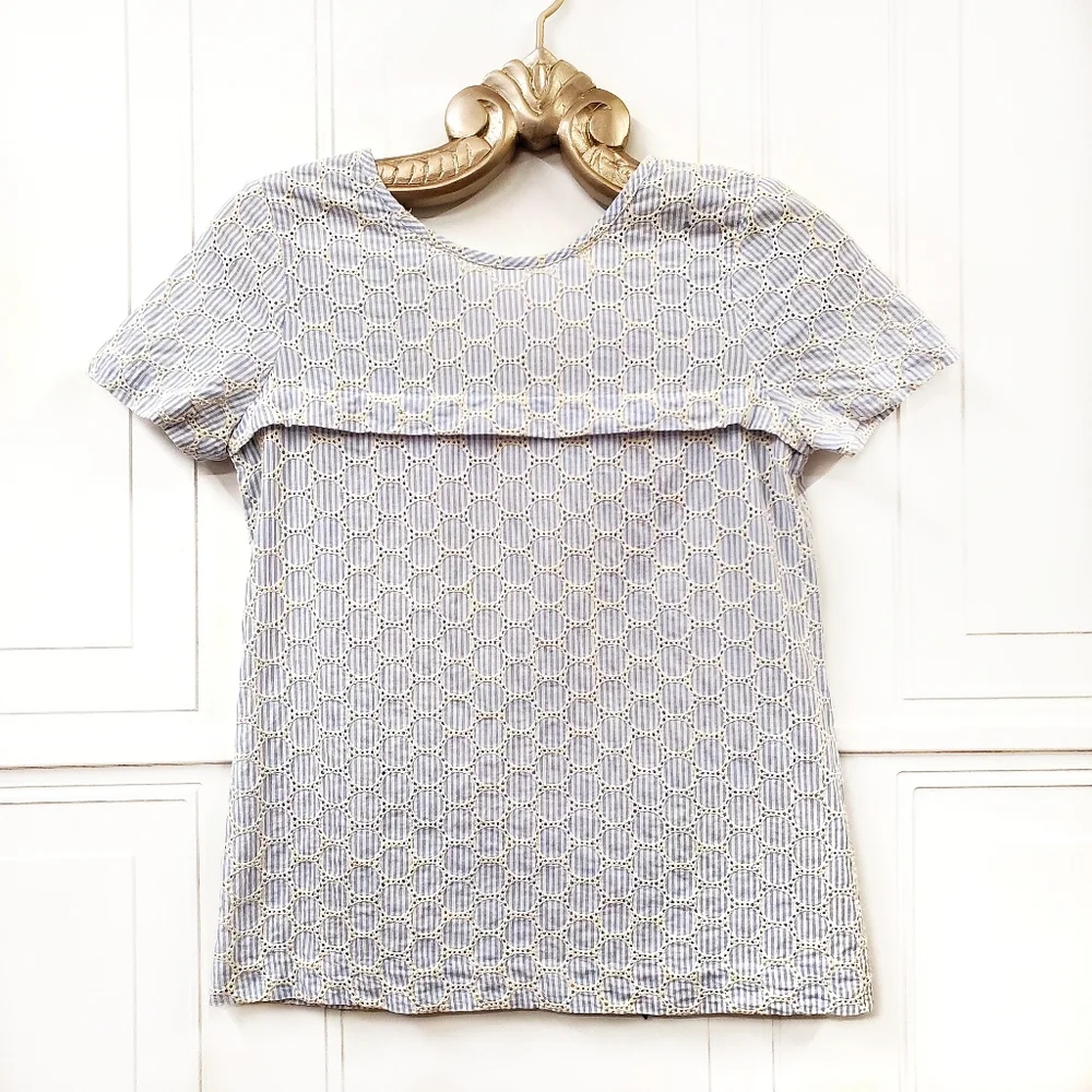 J. CREW Embroidered Eyelet Cotton Seersucker Top Sz 0 XS Ribbon Tie Blue White